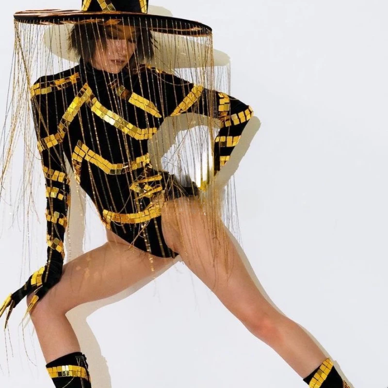 Gogo Golden Lens Nightclub Sexy Performance Costume Hat Suit Bar Female Costumes Stage DJ Clothing Cosplay Festival Suit