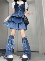 2024 New Puff Sleeve White Shirts Women+ Summer Sexy Gradient Blue Denim Strap Dress+ Leg Warmer Y2k E-Girl Three Piece Sets