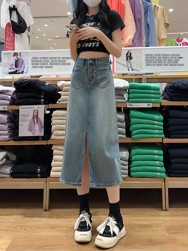 

Джинсовая юбка А-силуэта с высокой талией, женская летняя облегающая миди-юбка, винтажная длинная юбка из смесовой ткани (хлопок, полиэстер, вискоза), корейский стиль
