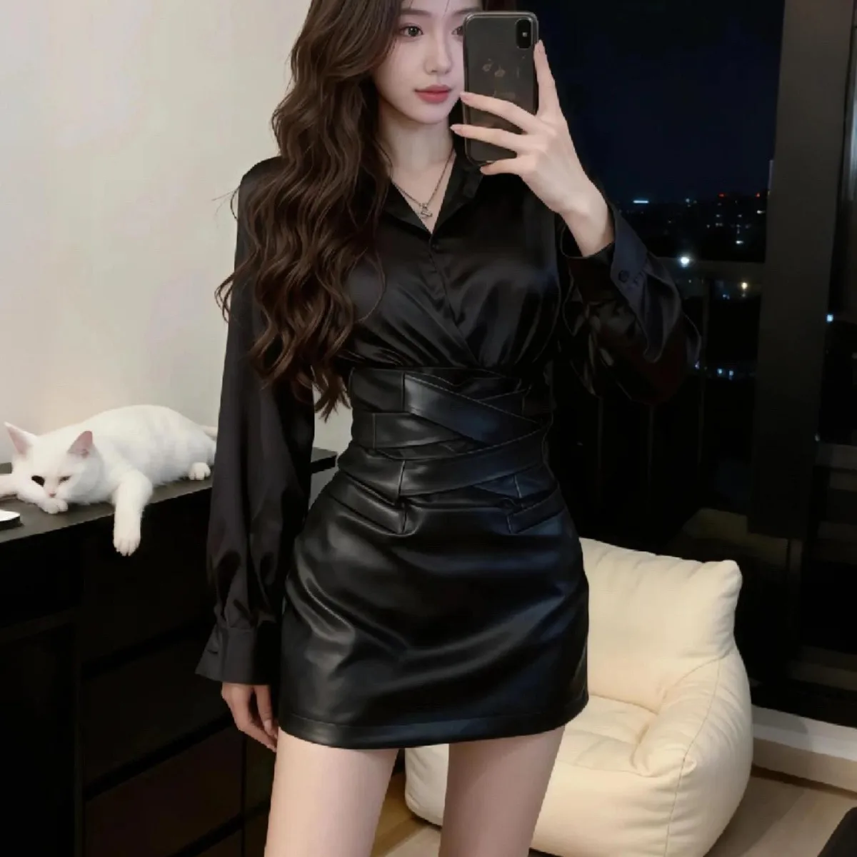 2026 Spring Summer New Two Pieces Set A-Line Skirt Women Fashion High Waist Sexy Skirt Long Sleeve Shirt Tops + Short Skirt Suit