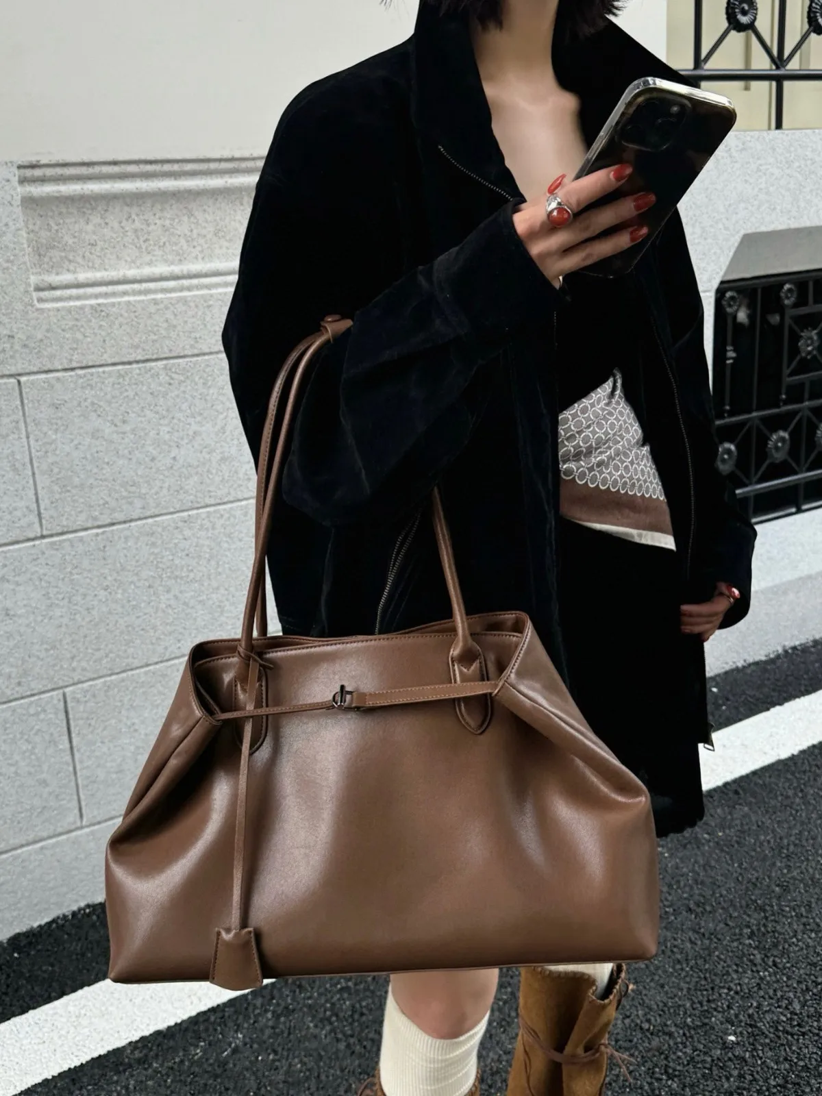 New Genuine Leather & Suede Tote Bag, Minimalist Versatile Large Capacity Retro Commute Handbag, Women's Shoulder & Underarm Bag