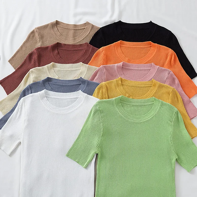 

Summer Female T-shirts Short Sleeve Women O-neck Solid Color Ice Silk Knitwear Thin Top Women's Clothing Tee Casual Soft T Shirt