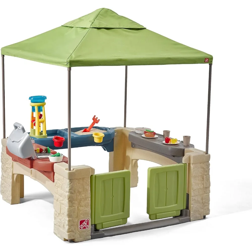 

All Around Playtime Patio with Canopy, Kids Indoor/Outdoor Kitchen Playset & Sensory Playhouse, Made of Durable Plastic
