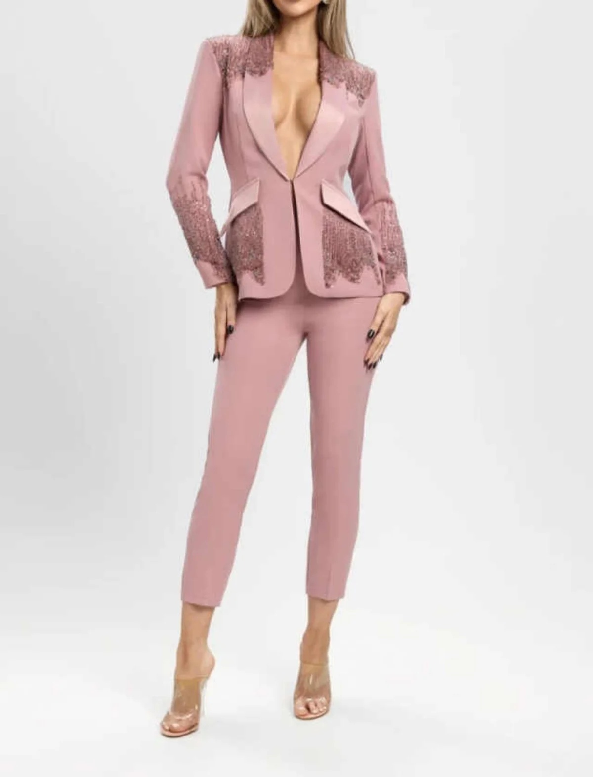 Shining Women's Suits 2 Pieces Blazer Pant Single Breasted Tassel Crystal Formal Occasion Banquet Party Customized