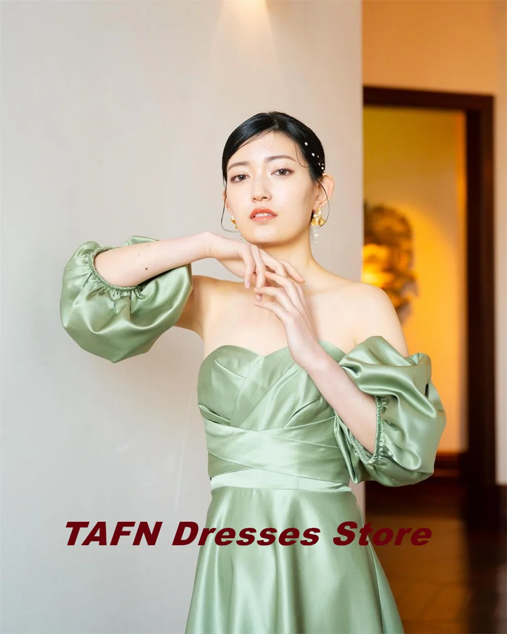 TAFN ウェディングドレス Green Sweep Train Wedding Dresses A-line Strapless Detachable Short Sleeves Bridal Gown Floor-Length Elegant