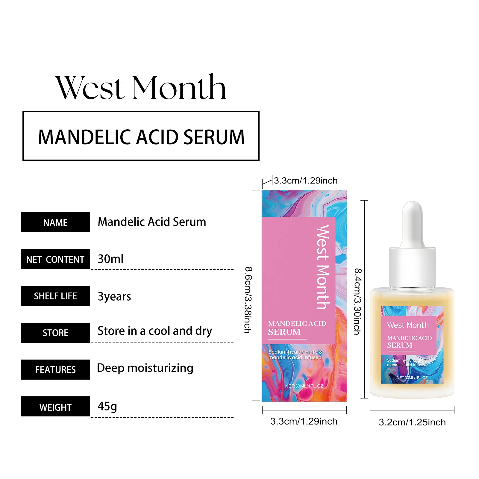 West Month Mandelic Acid Essence Facial Mild Moisturizing Essence Mild Exfoliation, Promote Cell Renewal 1 OZ