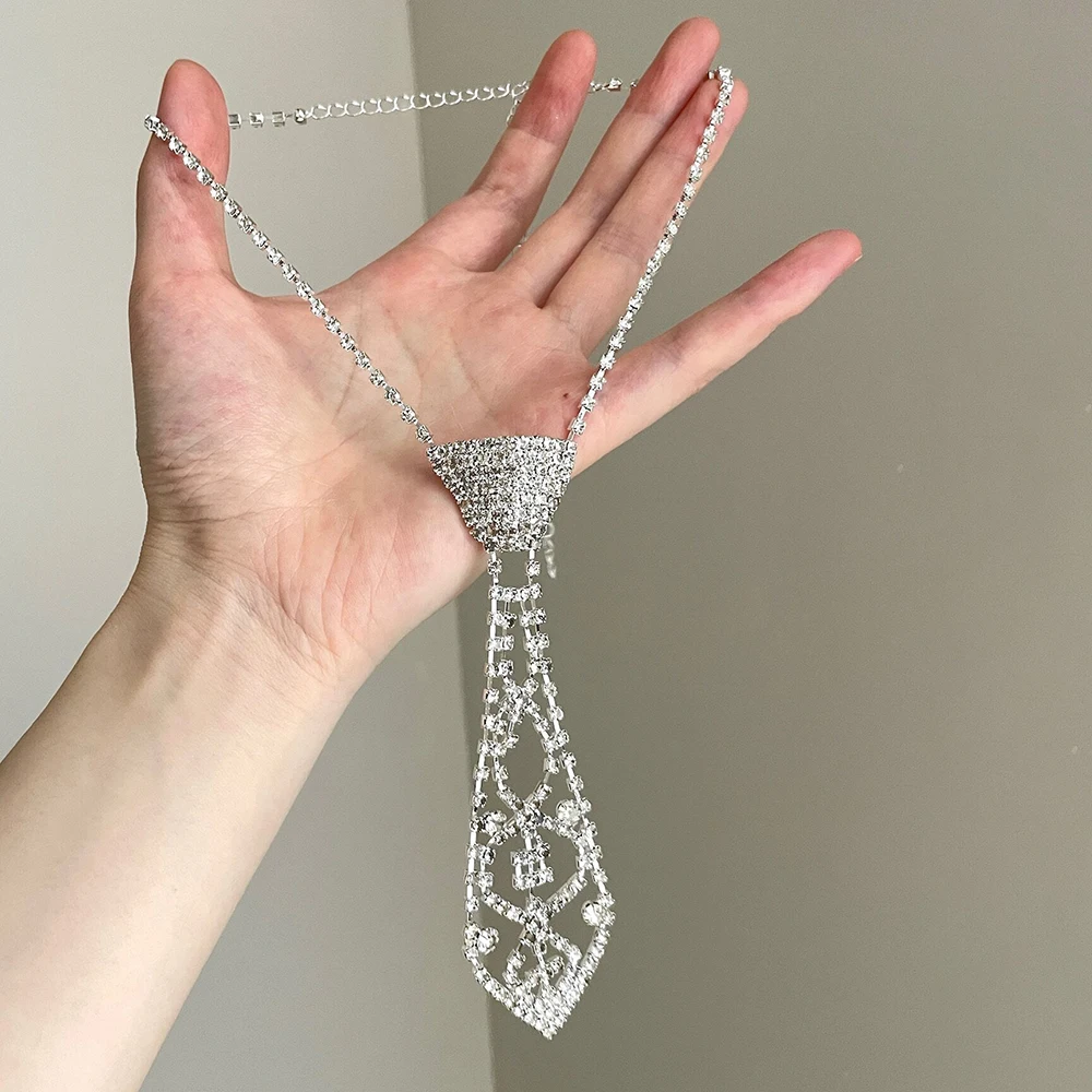 Silver Sparkly Rhinestone Small Necktie Necklace Punk Crystal Choker Wedding Bridal Bridesmaid Party Jewelry Chain for Women