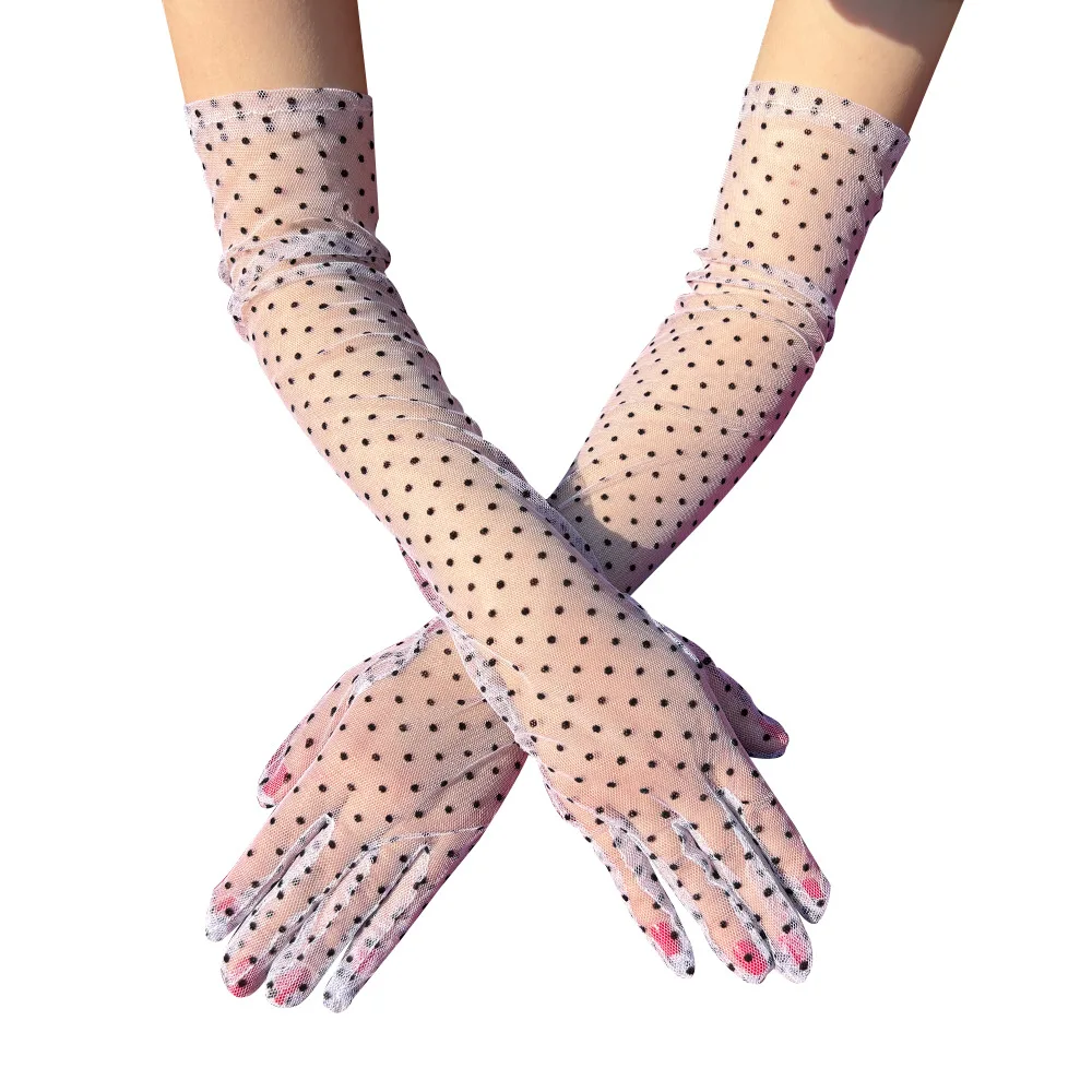 Women's Ladies Long Dots Lace Elegant Sheer Gloves Courtesy Summer for Evening Dinner Parties Lace Net Yarn Gloves