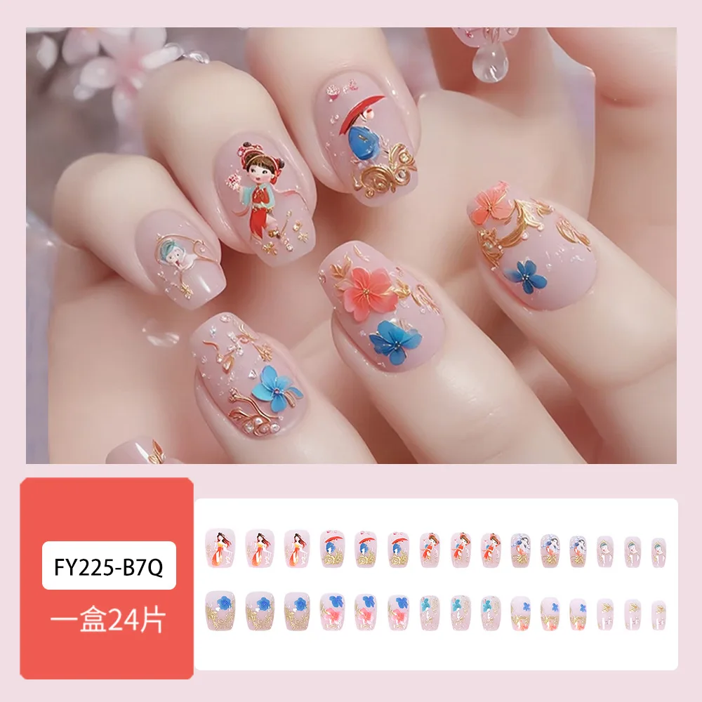 24개 유니크 플로잉 플로럴 프레스온 네일, 골드 악센트, 블루 핑크 꽃 & 만화 캐릭터, 미디엄 코핀 쉐입
