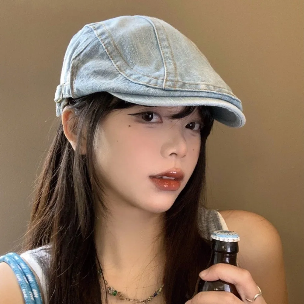 

Vintage Washed Denim Beret Cloth Visor Forward Hat Y2k Korean Style Artist Hat Outdoor