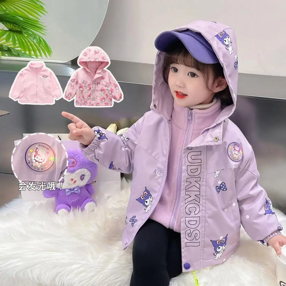 Sanrio My Melody Kuromi Girls Coat Set Kids Anime Long Sleeve Zipper Jacket Autumn Winter Thickened Warm Children's Clothing