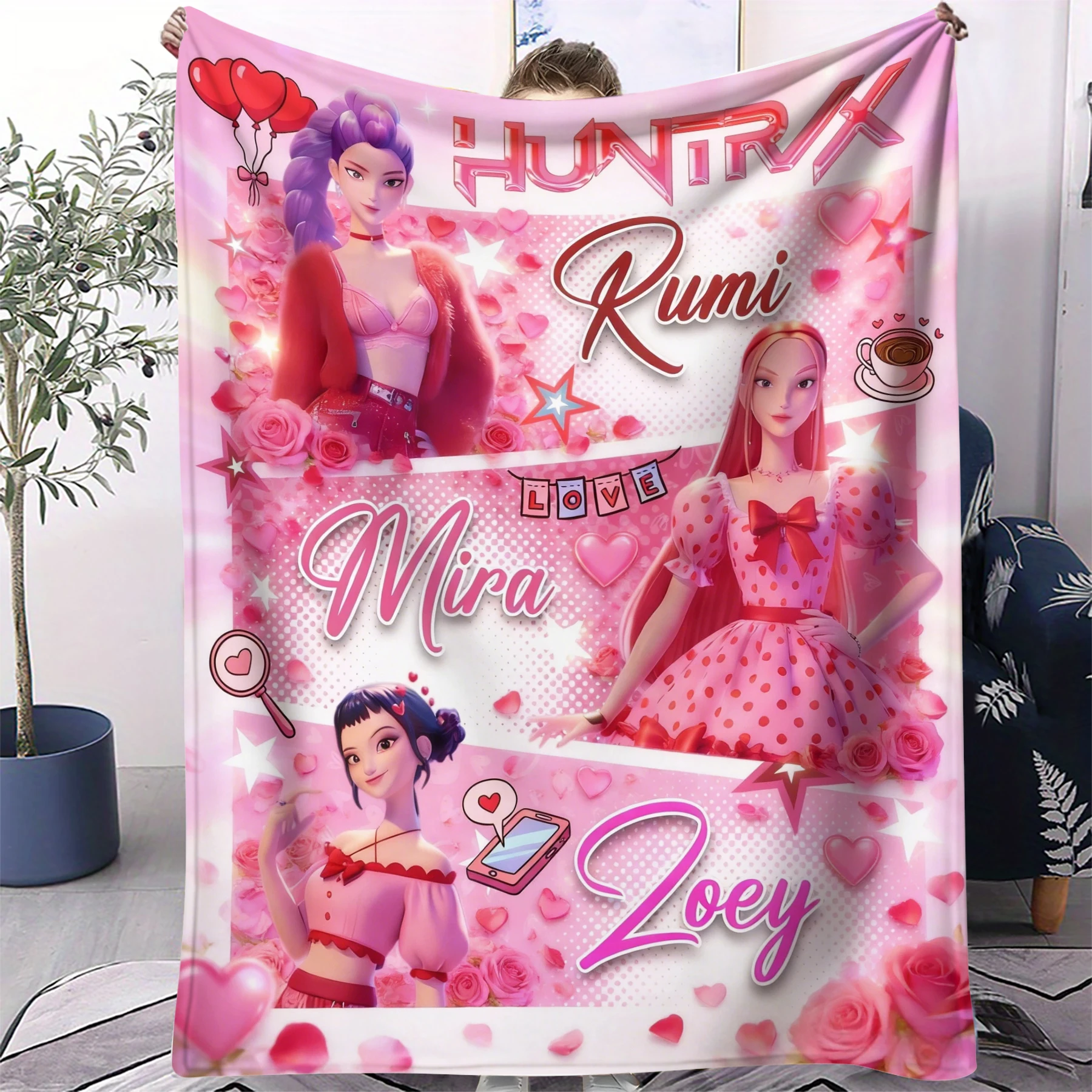 

Плед из фланели с рисунком розовых цветов и моря, с изображением участниц K-Pop группы (Руми, Мира, Зоэй), для девичьей спальни, дивана, для сна