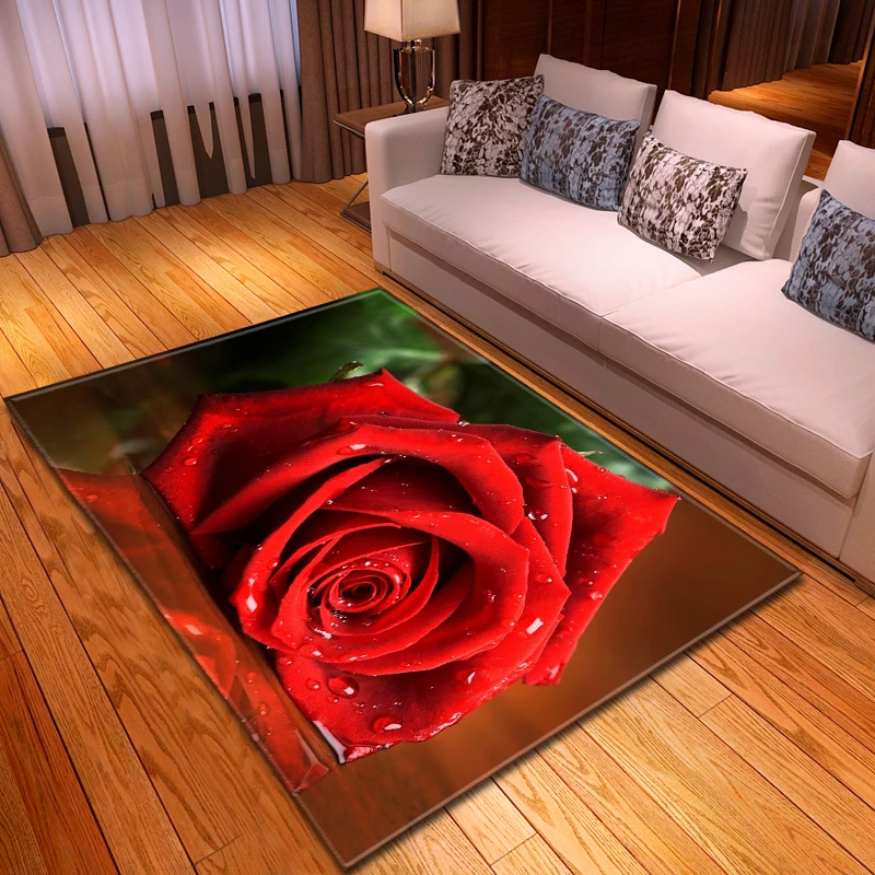 3D Red Rose Living Room Area Rug Flower Bedroom Carpets Valentine's Day Decoration Floral Kitchen Rug Bath Mat Entrance Doormat