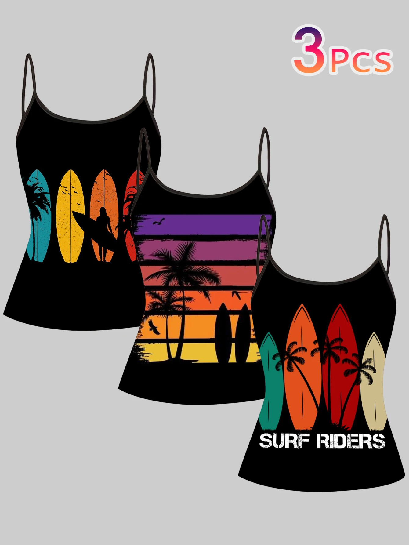 3-Piece Set of Beach Surfing Coconut Tree Print Camisole Tops for Women, Vintage Sunset Vacation Style Slim Fit Sleeveless Inner Tops