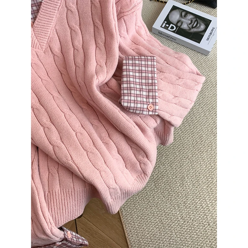 MEXZT Süße Rosa Pullover Frauen Harajuku Plaid Patchwork Gestrickte Pullover Koreanische Langarm Strickwaren Winter Mode Jumper