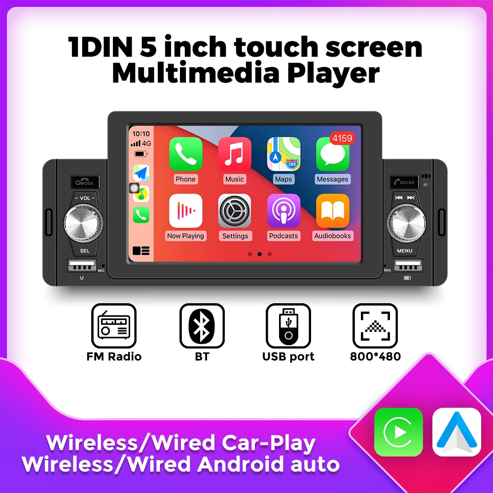 Navifly 5 "Touchscreen 1 Din MP5-Player Universal Autoradio Multimedia-Player drahtloses Carplay