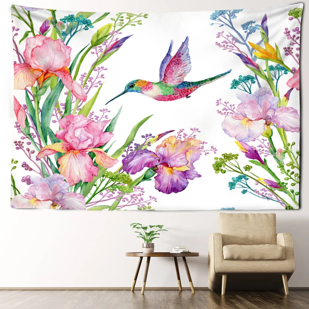 Morning Glory And Hummingbird Tapestry Wall Hanging Natural Art Landscape Animals Modern Style Bohemian Living Room Home Decor