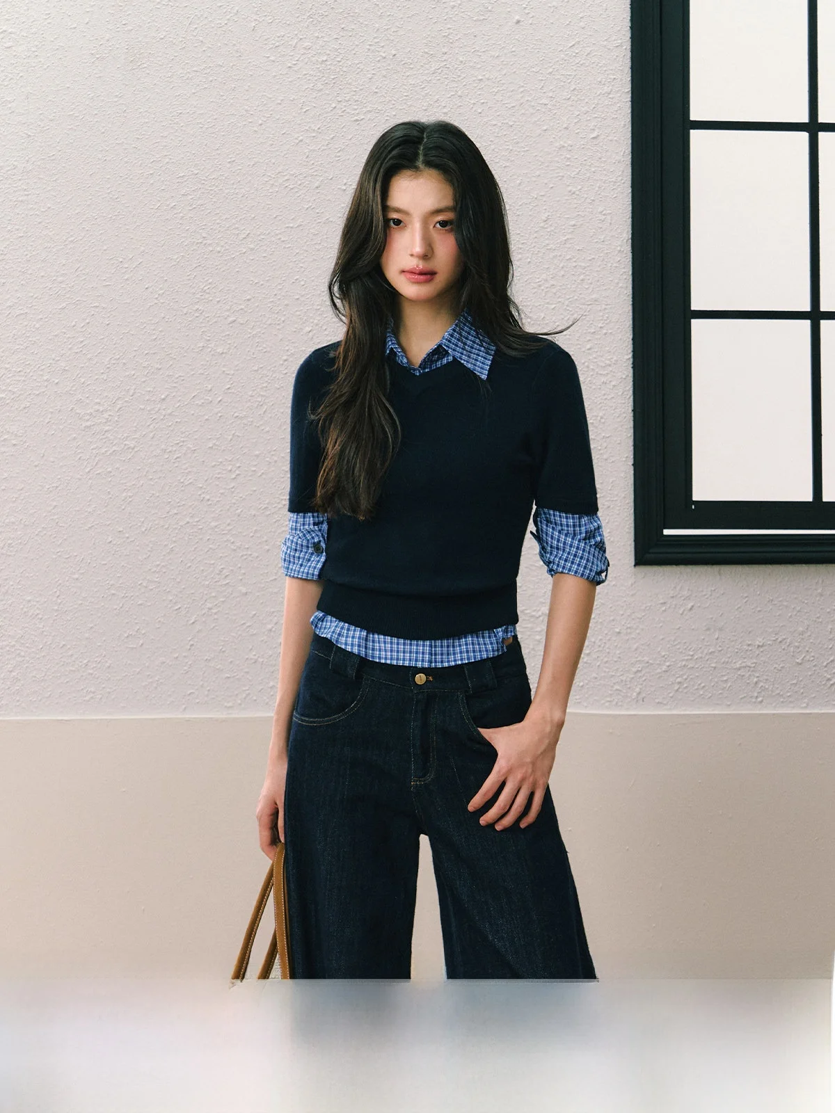 

7iftin Original Design Summer New round Ne Long Sve Slim Fit Sweater Blue Plaid irt Women's Faion Commute Sle