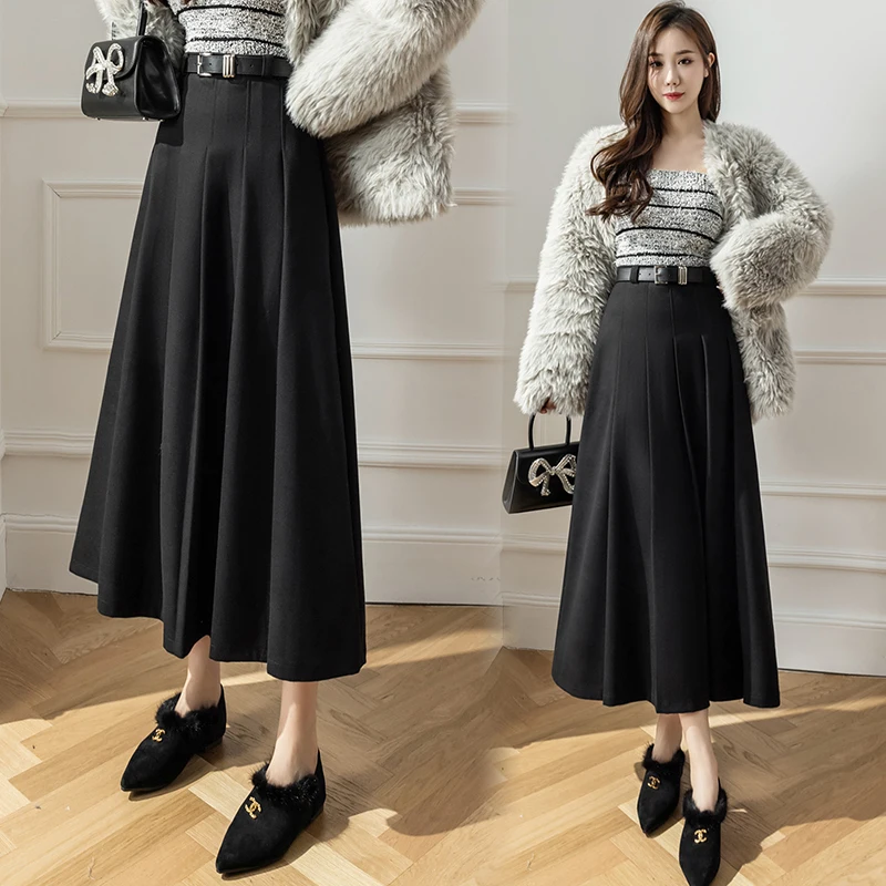 Vintage High Waist Pleated Wool Skirt Woman Elegant Korean Winter Long Maxi Skirts For Women Belt Black Brown Gray Jupe Femme