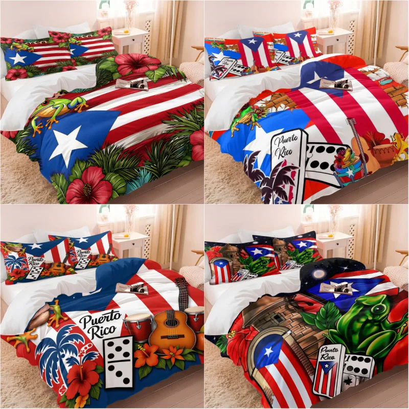 Puerto Rico Flag Caribbean Tropical Puerto Rico Bedding Set Coqui Frog Domino Guitar Palm Hibiscus Print Duvet Cover Bed Set