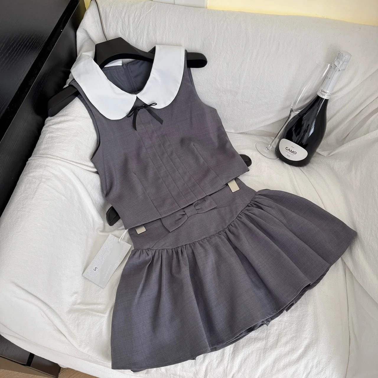 

Knot Doll Collar Sleeveless Top Pleated Short Skirt Set Women's Cotton Summer Outfit Casual Chic Ensemble