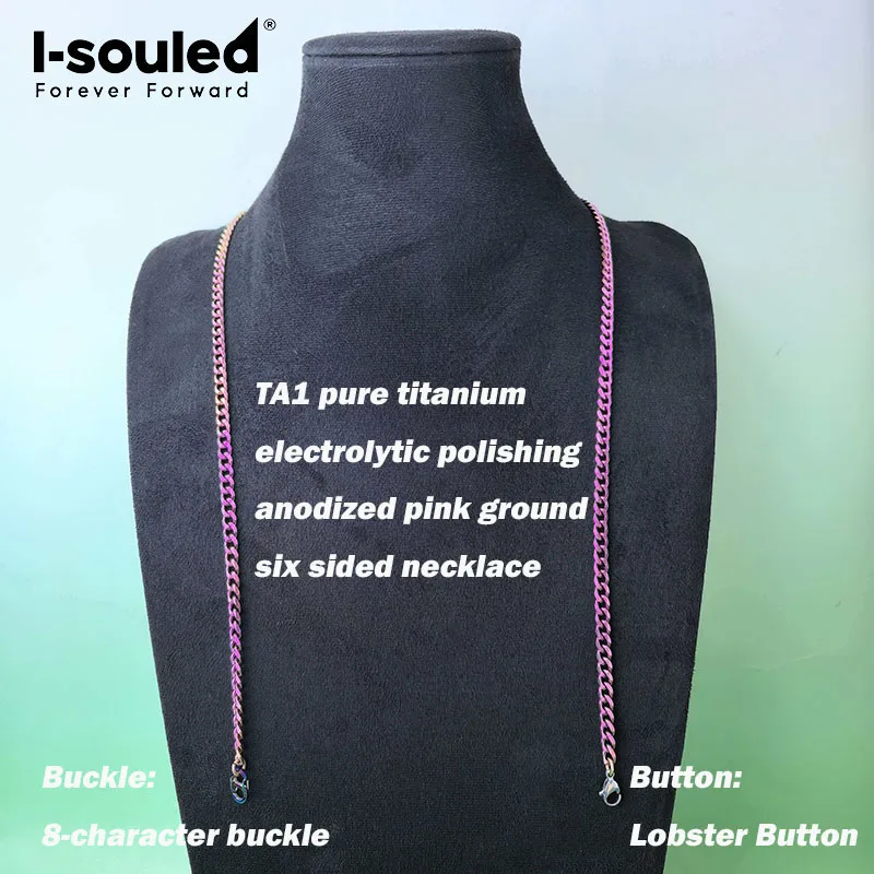 5.0mm/7.0mm TA1 pure titanium electrolytic polishing anodized pink grinding six sided necklace fashionable, simple, lightweight
