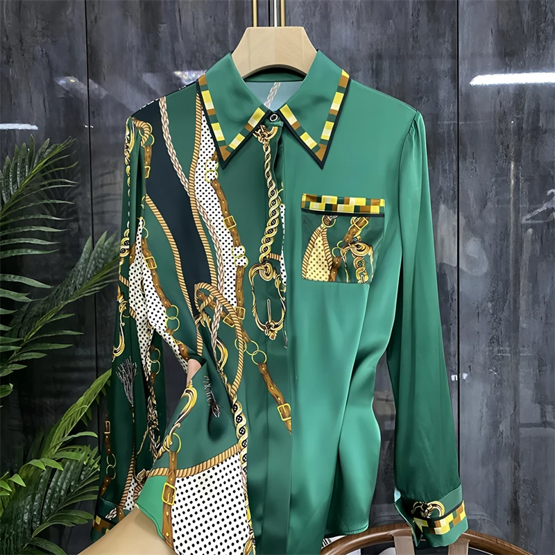 ZAROY Vintage Luxury Women Satin Shirts Spring Autumn Long Sleeve Lapel Silk Blouses Luxury Design Baroque Print Female Shirt