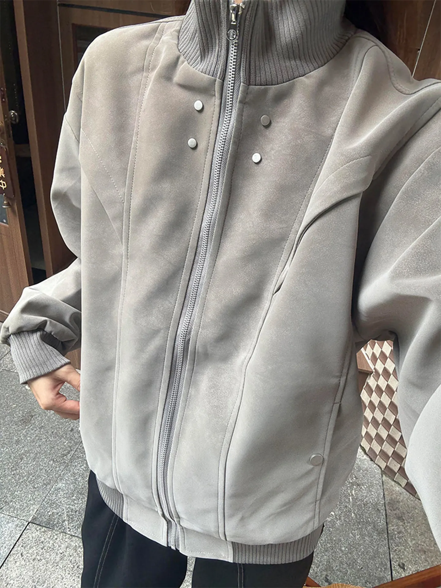 Retro American PU Leather Jacket Women's Loose Casual Stand Collar Spring Autumn Baseball Outfit Coat Polyester Fiber