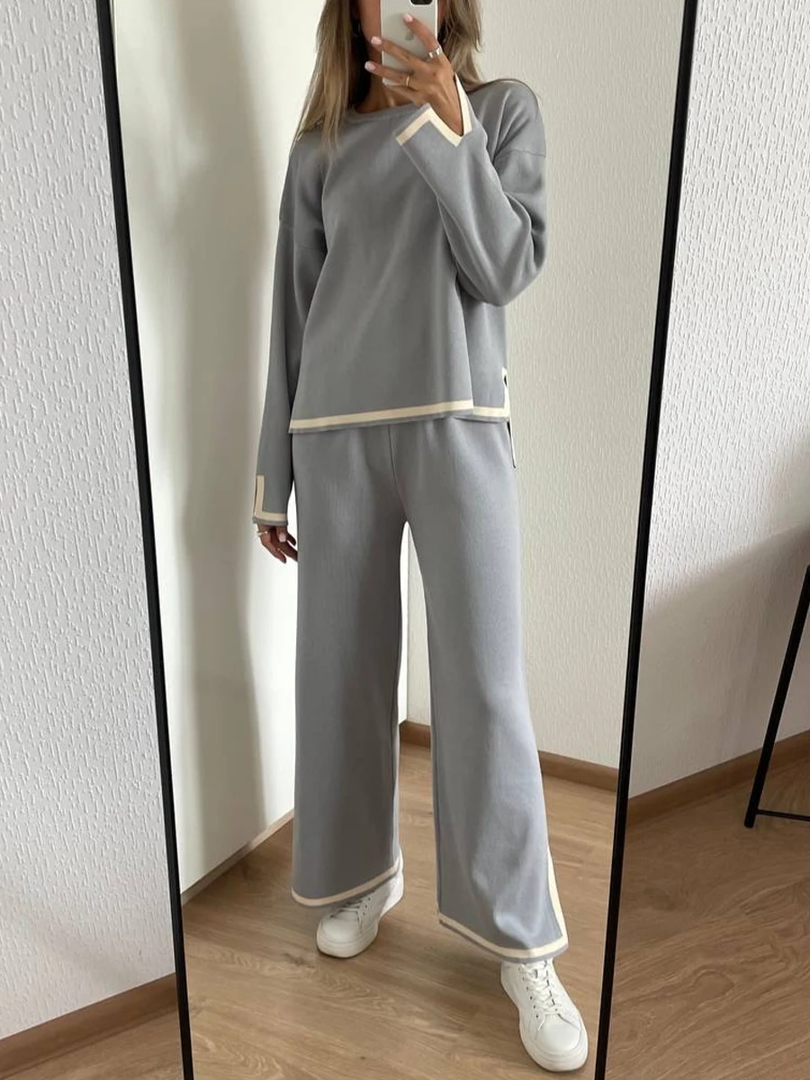 HLBCBG Knitted Women\'s Trousers Suit Two Piece Set Green Winter Loose Long Sleeve Knitwear Flare Pants Sets Female Casual Suits