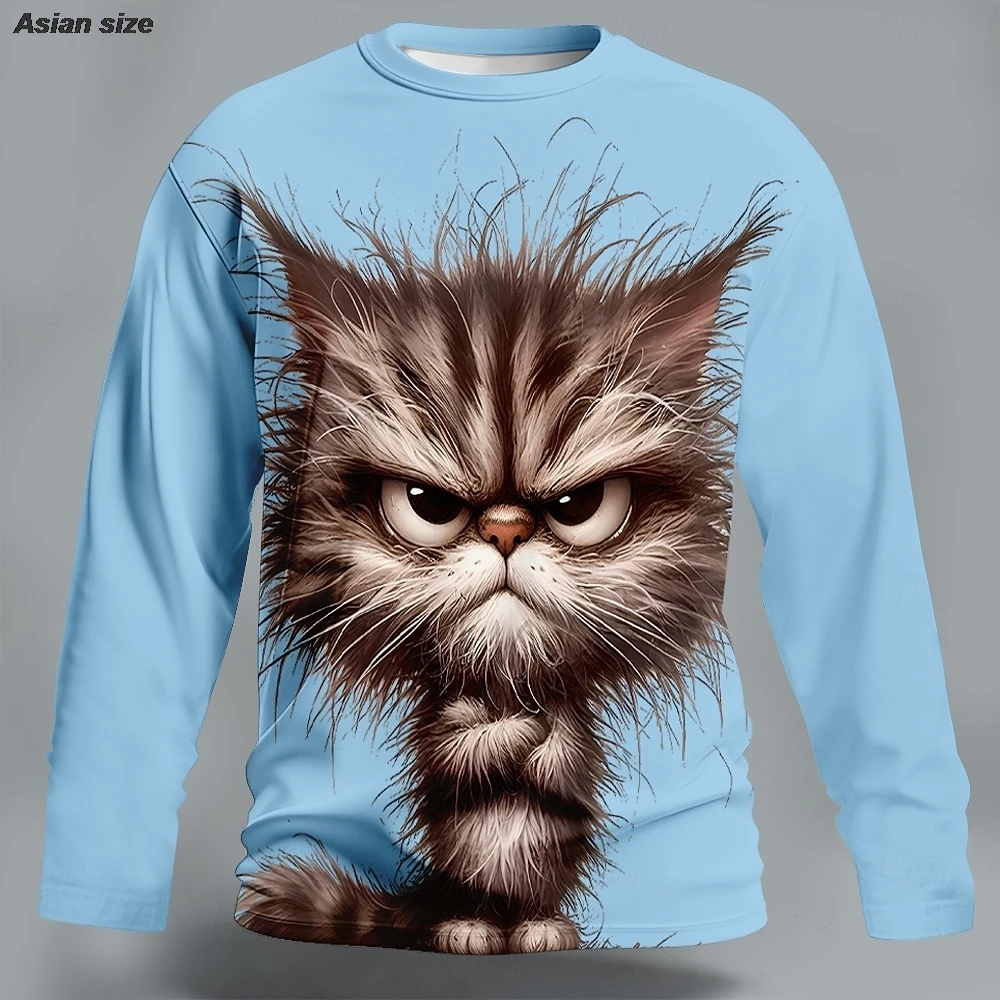 Mens Novelty Messy Hair Cat Graphic Long Sleeve T-Shirt Blue Round Neck Pullover Funny Animal Print Streetwear Clothing Apparel