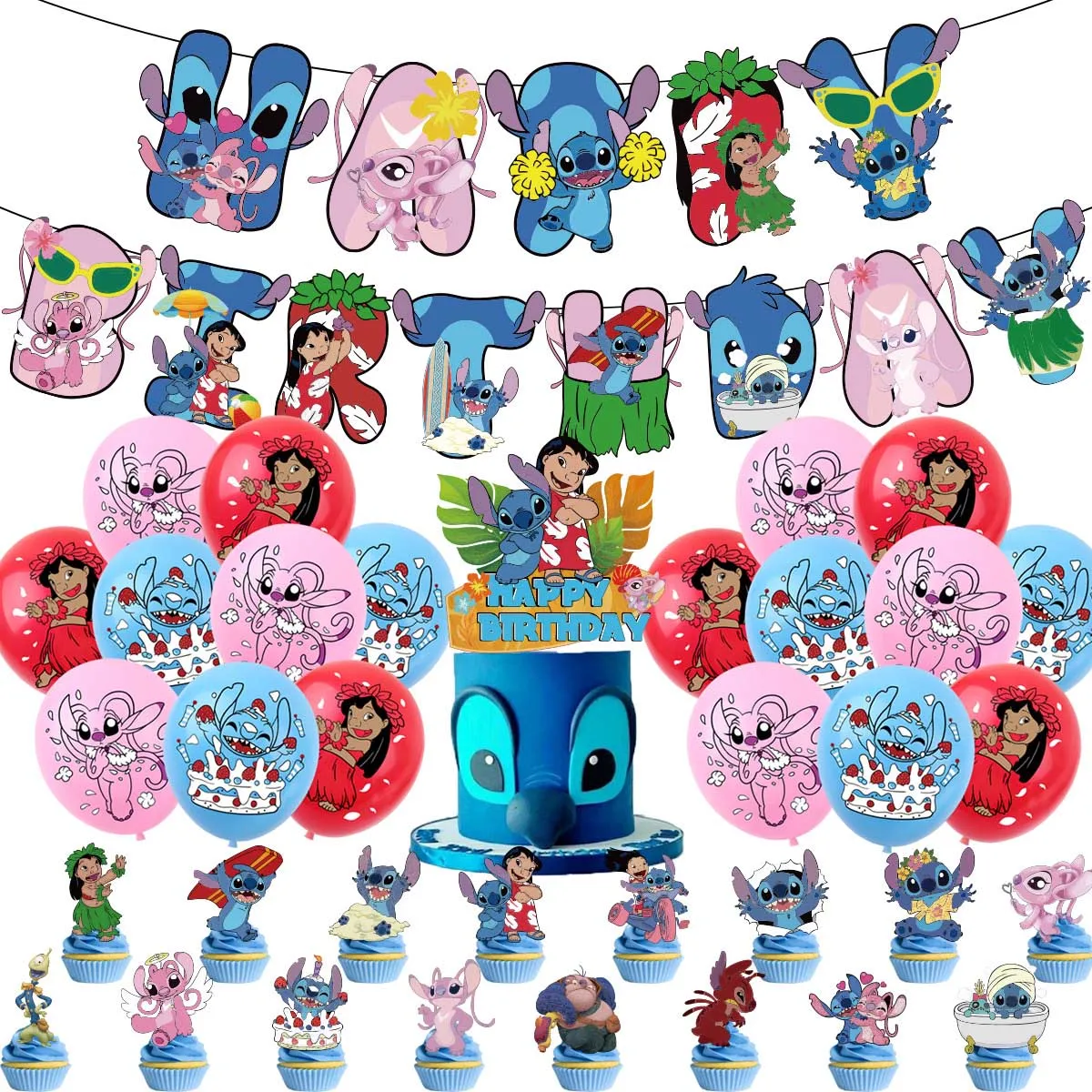 Decoraciones para fiesta de cumpleaños de Lilo y Stitch, plato desechable, globo de Ángel, suministros para fiesta de cumpleaños para niñas, color rosa de Disney