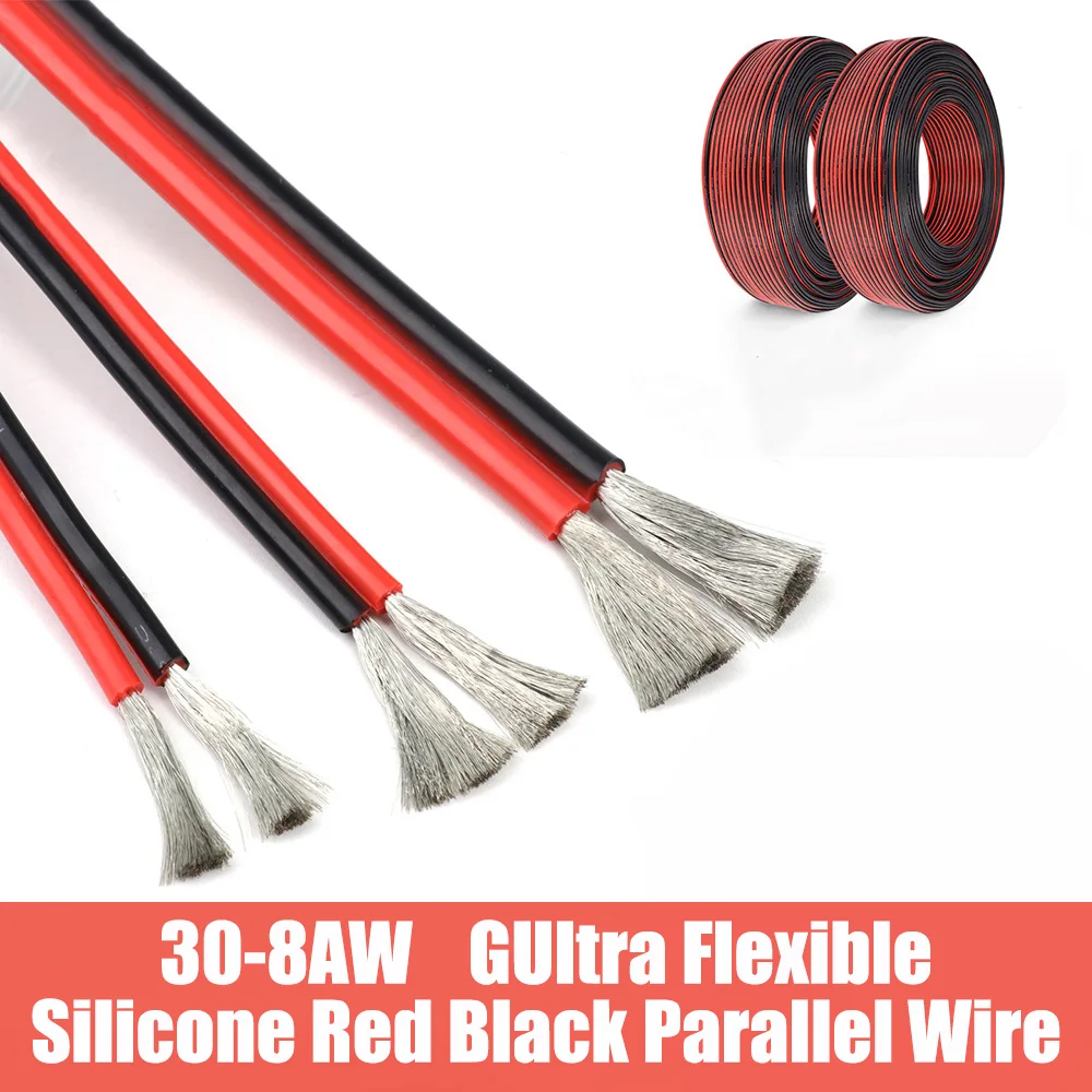 1-10M Ultra Flexible Red Black Parallel Silicone Wire 8AWG~30AWG High Temperature Resistant  Wire For DIY Connection Accessories