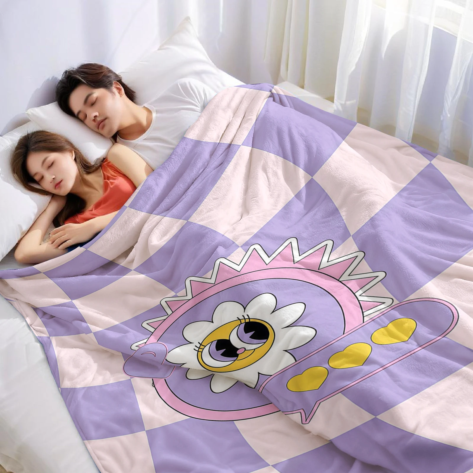 Warp Check Daisy Cartoon Anime Print Flannel Blanket Soft Warm Throw for Kids Bedroom Sofa Bed Christmas Office Car