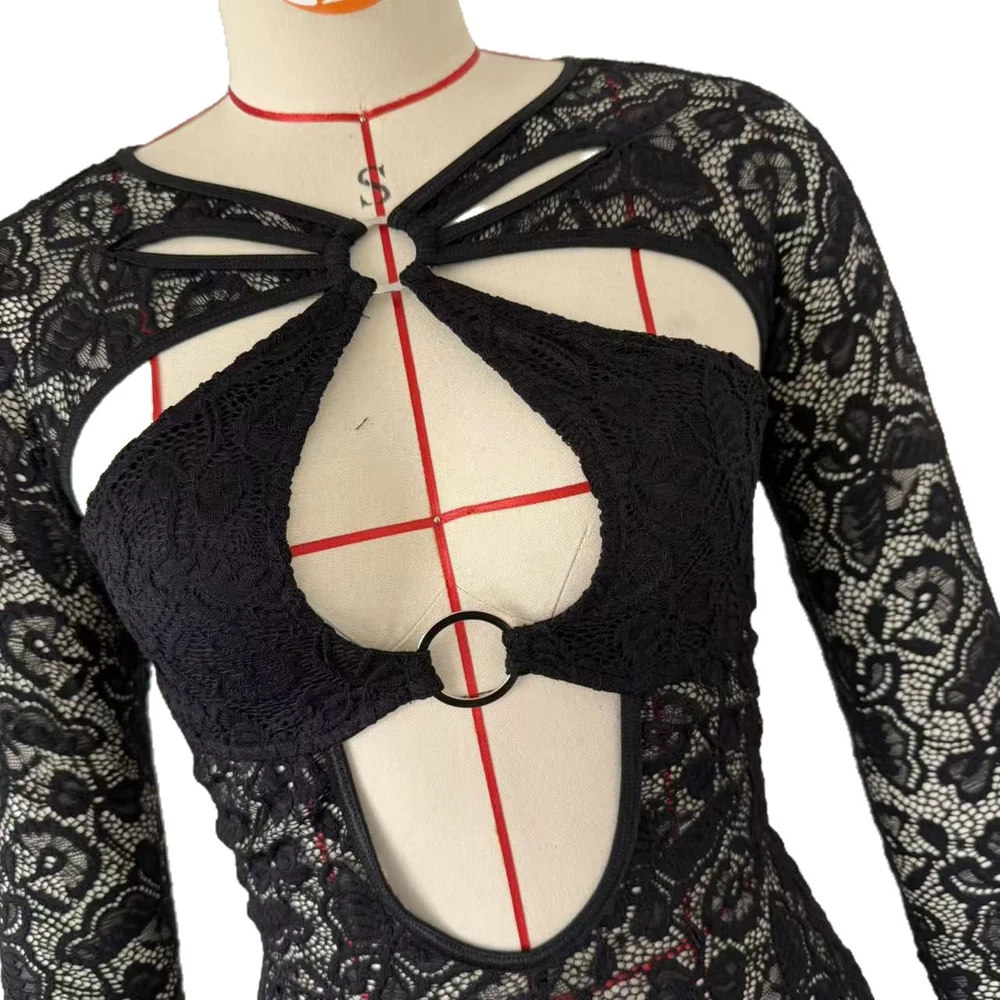 Sexy Spitzen-Cutout Langarm-Romper für Damen mit Hohlen Metallringen, Transparenter Bodycon-Kurz-Jumpsuit für Nachtclub-Party-Lingerie-Outfit – Detail 11