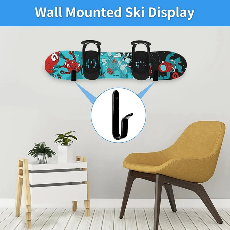 2 Pcs Horizontal Snowboard Wall Racks, Wall Mount Clips Storage Hanger Display Rack Ski Board Storage