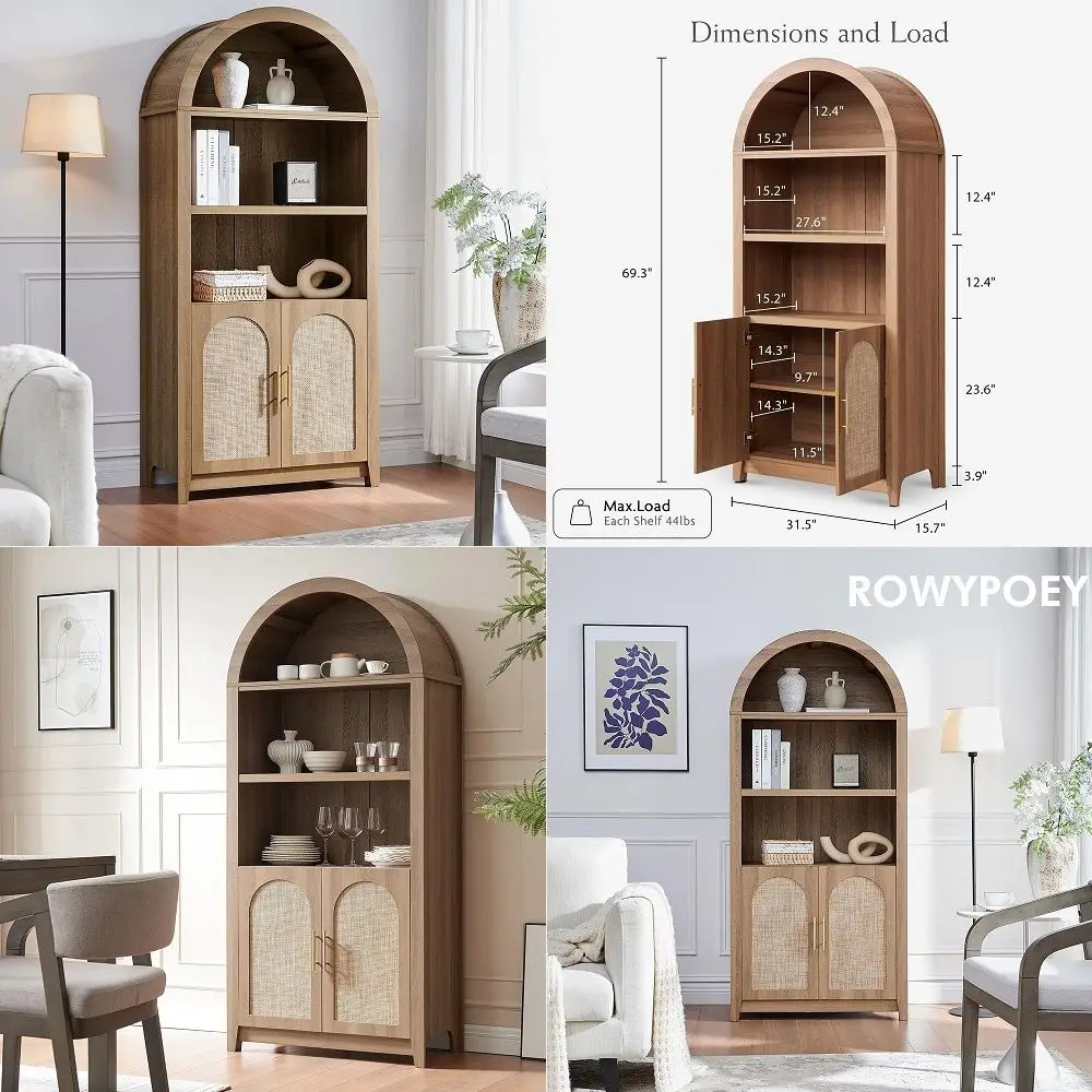 

Rattan Arched Cabinet Bookshelf 69.3 Tall Mid Century Display Cabinet, Rounded Bookcase with Rattan Doors, Open Shelf Storage f