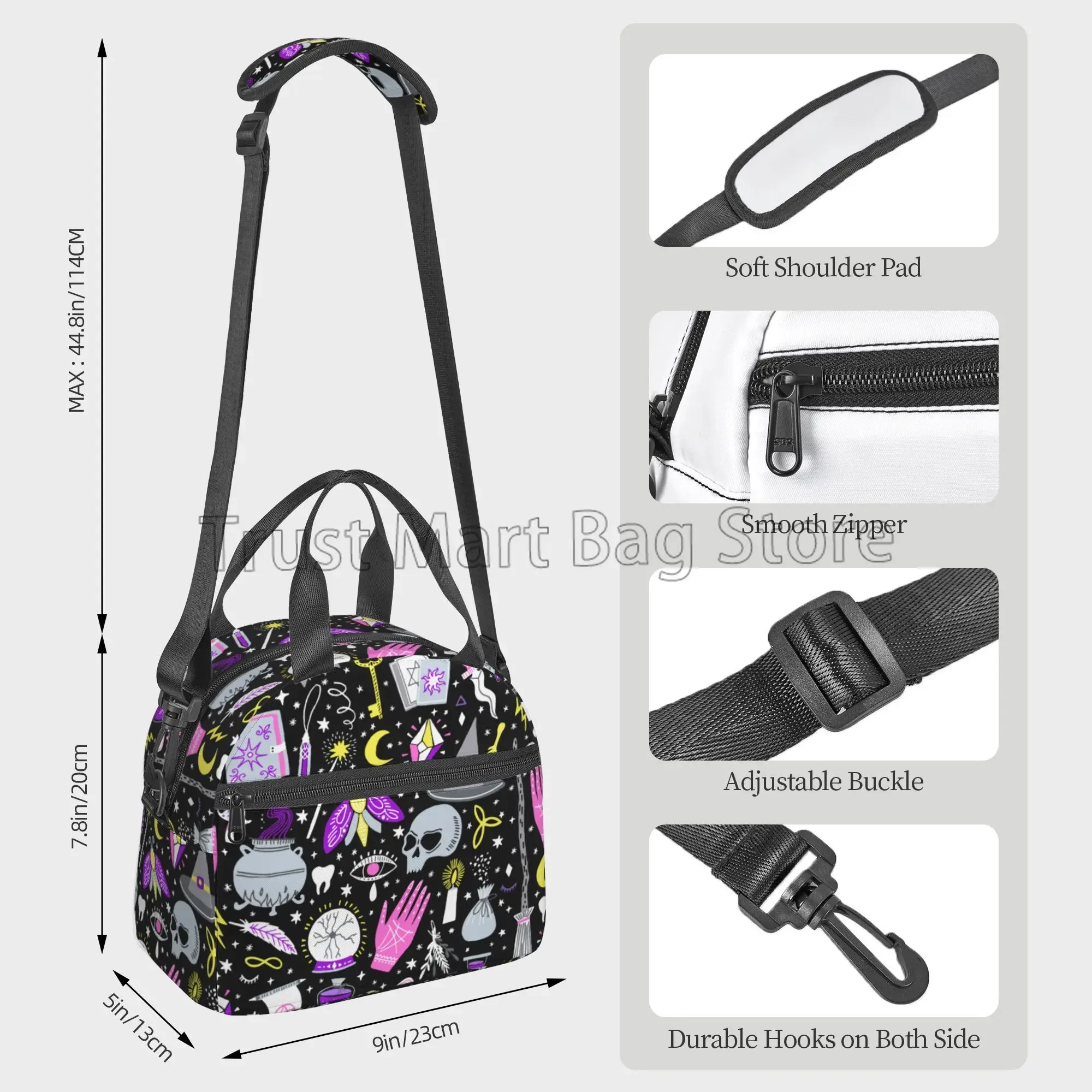 Magic Witch Goth Lunch Box Reusable Insulated Lunch Bag with Shoulder Strap Thermal Food Container for School Work Travel Picnic