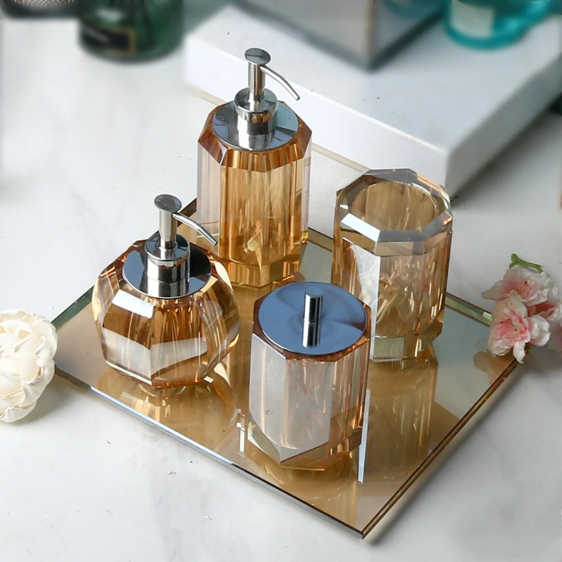 Amber Crystal Glass Lotion Bottle Aromatherapy Jar Bathroom Accessories Hotel Deluxe Press Soap Dispenser Empty Bottle Tray Set