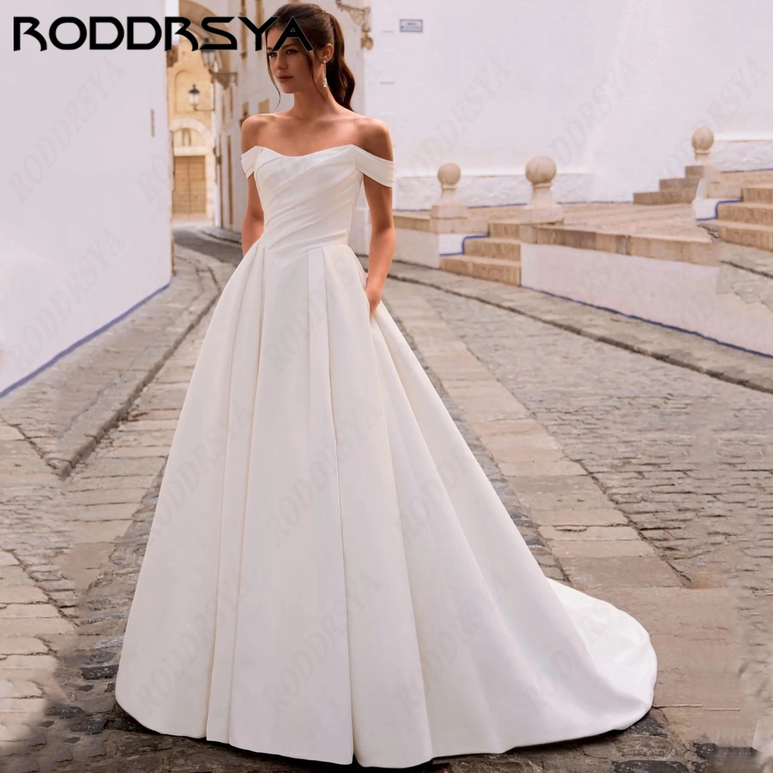 RODDRSYA Classic A-Line Satin Wedding Desses For Women Off The Shoulder Bride Gown Button Court Train Customized Bridal Dress