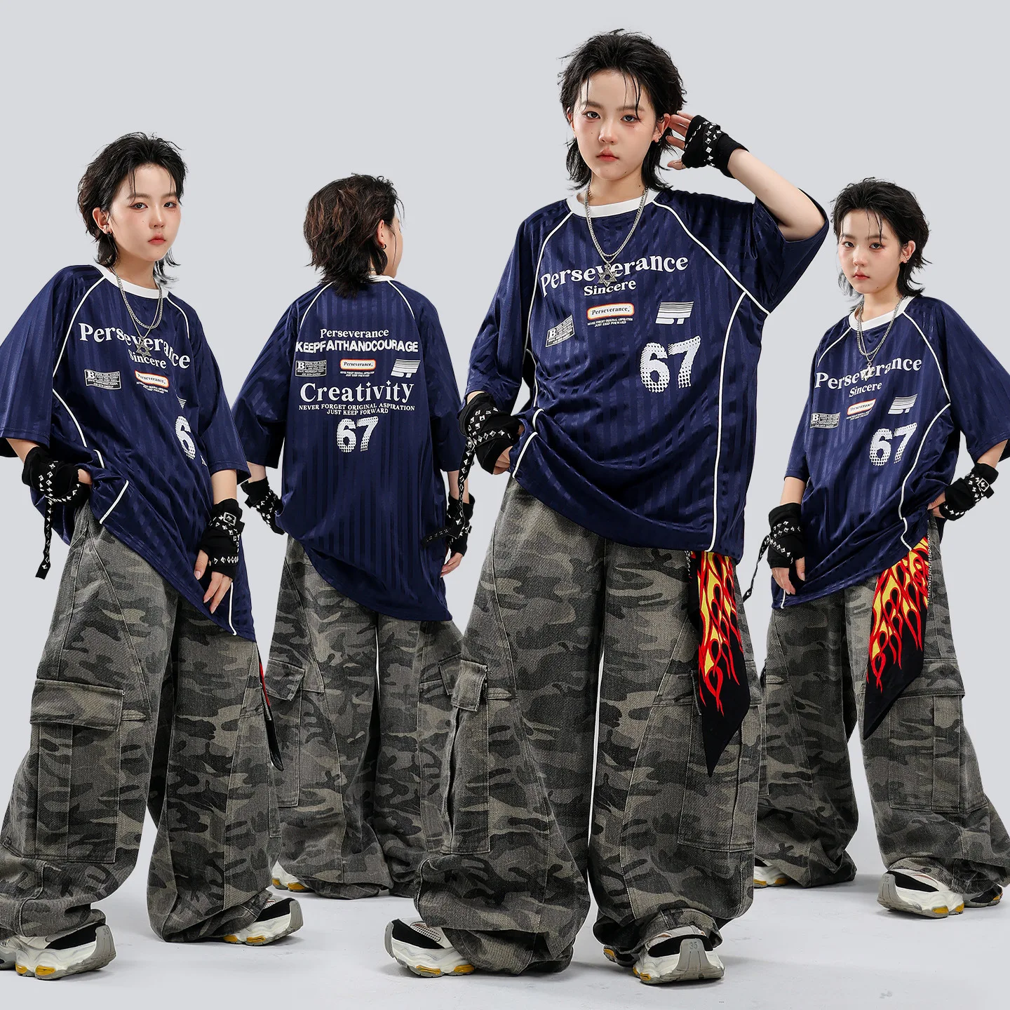 Children Boys Gilrs Streetwear Hip Hop Blue Stripe Quick-dry T-shirt Camo Pants Sets Kids T Shirt Trousers Stage Team Clothes