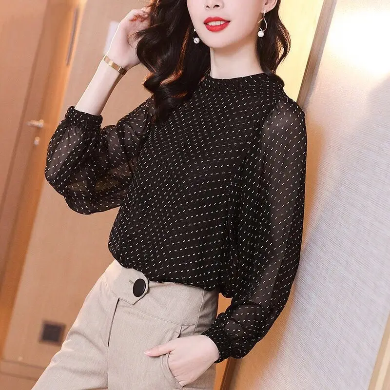 

Women's Elegant Chiffon Long Sleeved Polka Dots Blouses Thin Lantern Tops Ladies Fashion Fall Elegant 2024