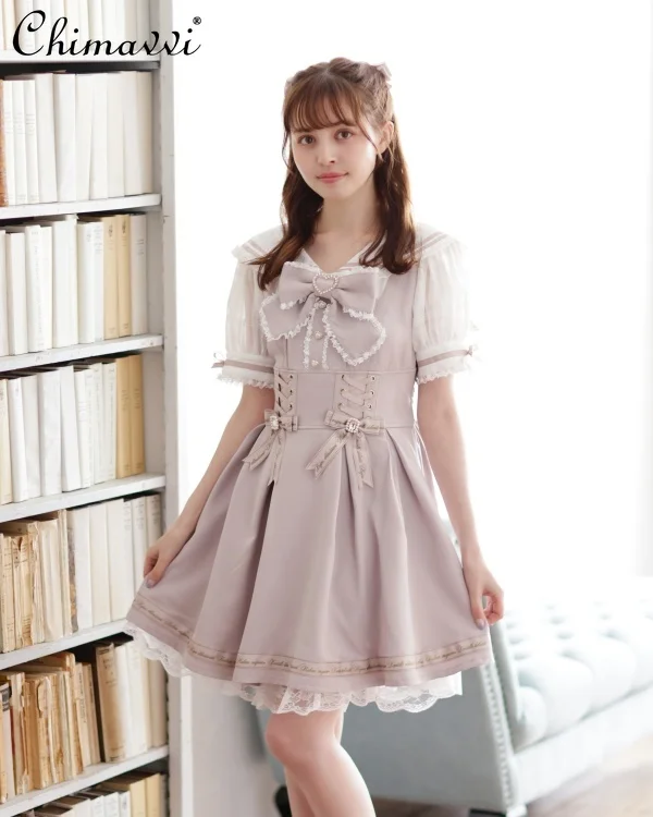 Japanese Liz Sailor Collar Turn-down Collar Bandage Lolita Dresses New Summer Girl's Mine Mass-Produced Sweet Bow Kawaii Dress