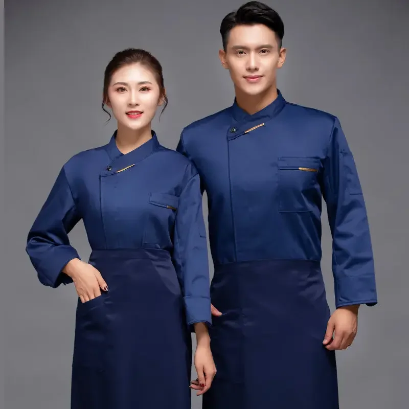 Navy Chef Jacket Wholesale Head Chef Uniform Restaurant Hotel Kitchen Cooking Clothes Catering Foodservice Chef Shirt Apron Hat