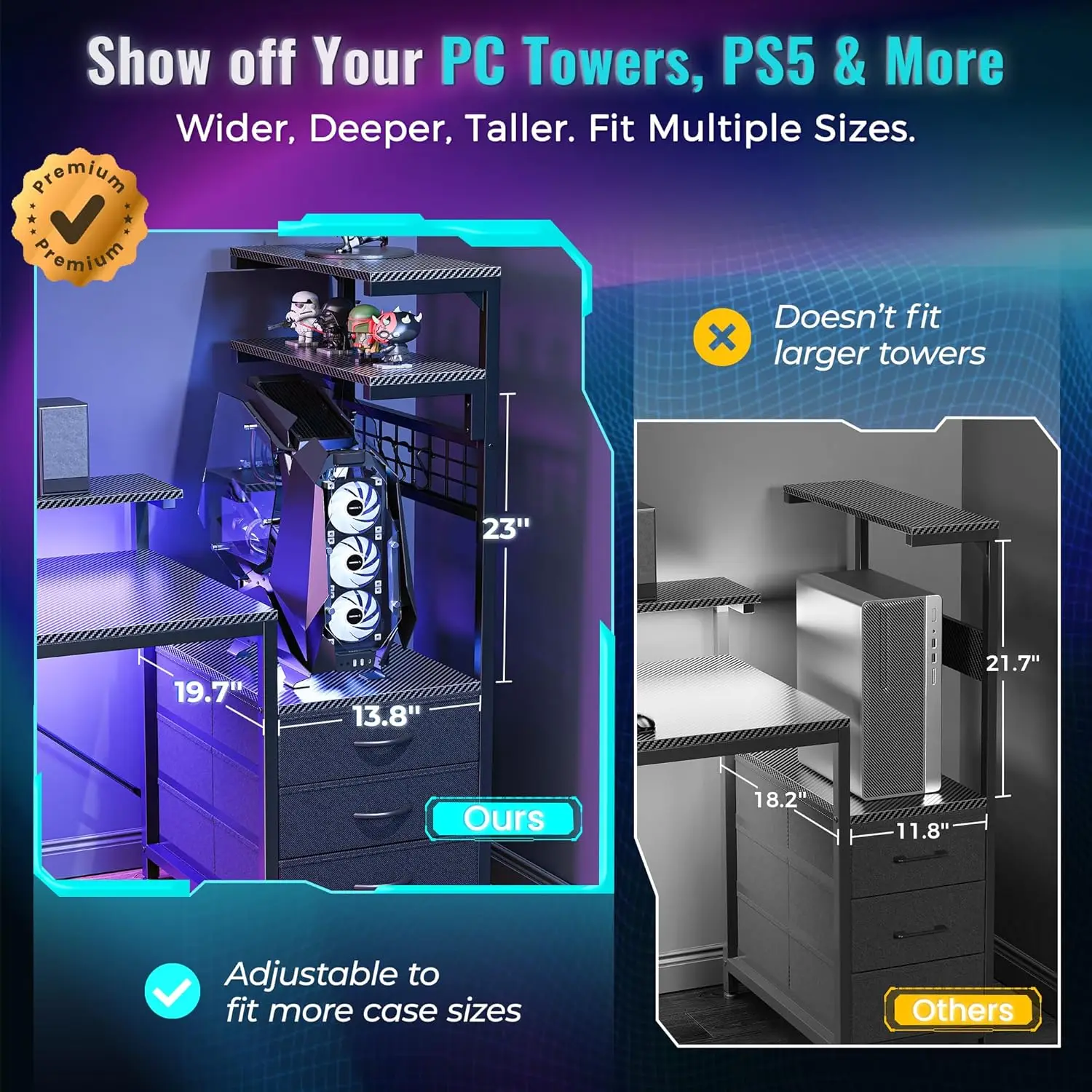 61.7" Gaming Desk with LED Lights, Outlets, Drawers & Adjustable Stand - Carbon Fiber Black