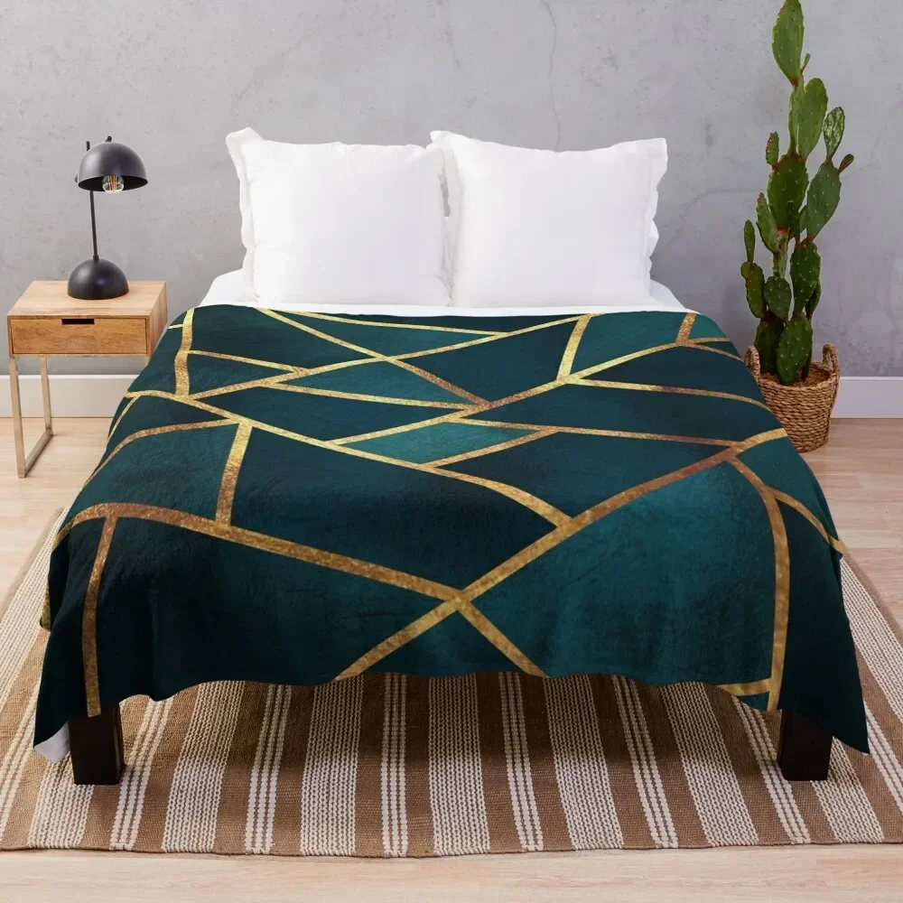 Midnight Green Gold Stone Geometric Throw Blanket Hair for winter funny gift Quilt Blankets