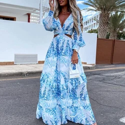 Spring Sexy Hollow V Neck Buttons Bohemian Dress Women Elegant Printed High Waist Long Dress Autumn Flare Long Sleeve Maxi Dress