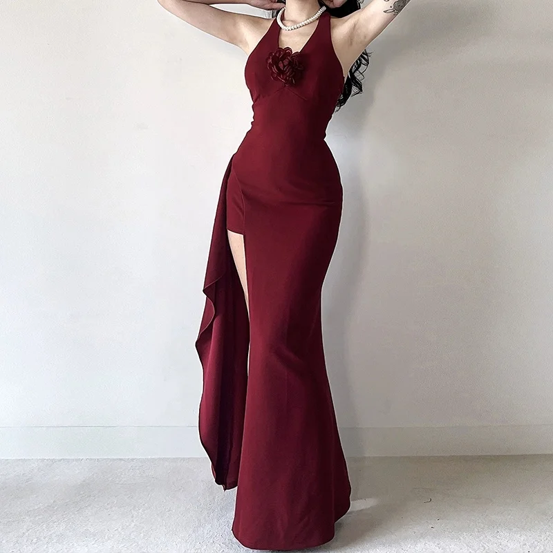 

Gorgeous Red Halter Party Dress for Womenstunning High-end Sleeveless Sheath Bodycon Dress Sexy High Slit Long Black Dresses