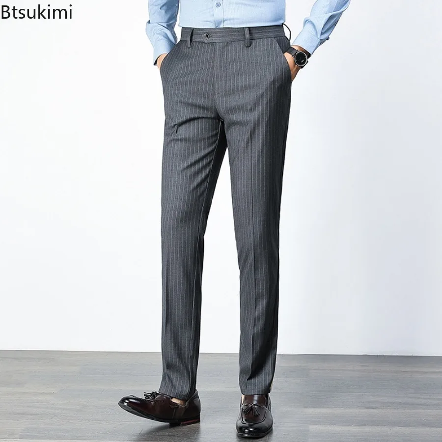 2024 New Men's Suit Pants Fashion Business Casual Straight Pants Korean Style Slim Fit Striped Non-ironing Suit Trousers for Men