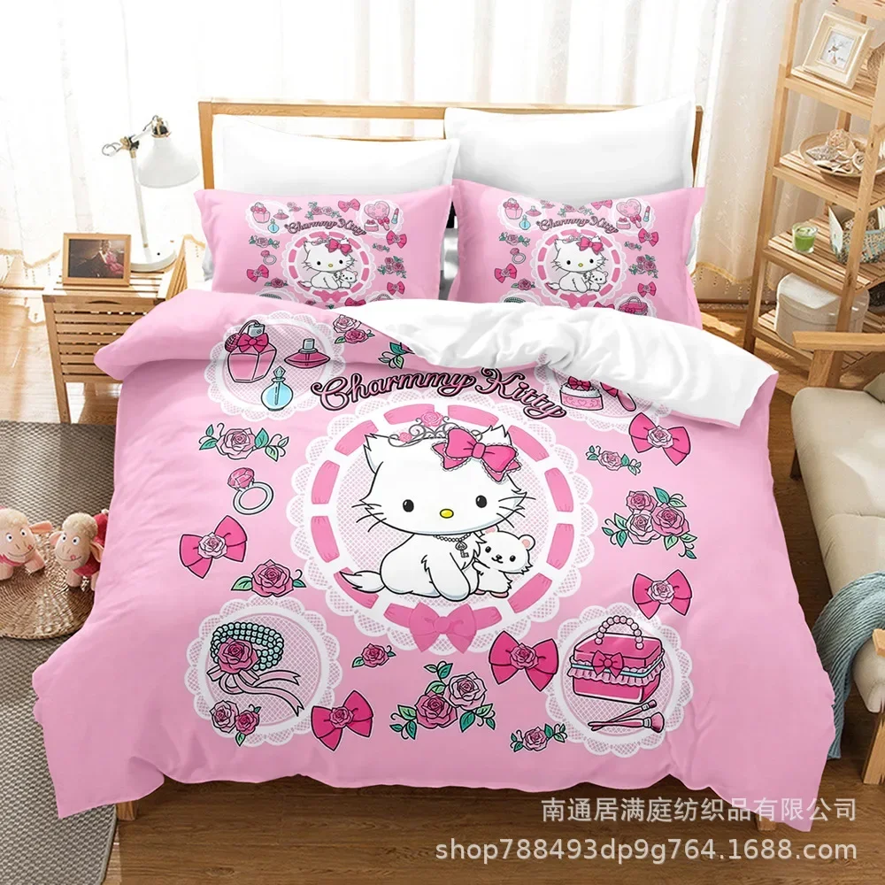 Sanrio Kuromi HelloKitt Kawaii Cartoon 3D Digital Printing Quilt Cover Pillowcase Bedding Three-piece Set Cosplay Best Gift