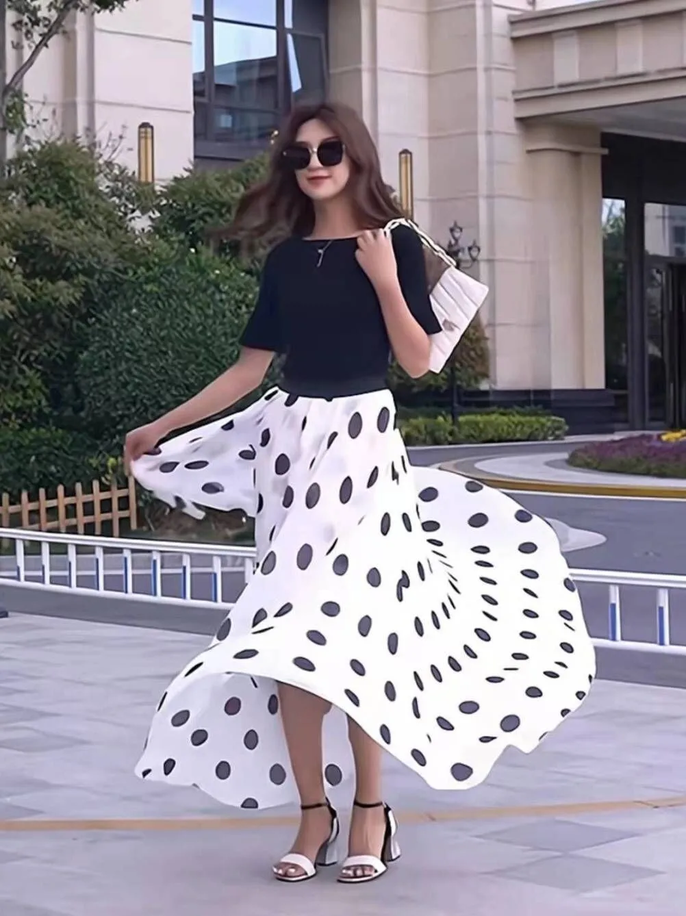 Jupe mi-longue en mousseline de soie pour femmes, longueur au sol, Vaion de plage Dr, grande jupe florale à pois, jupe trapèze pour les déplacements, nouvelle collection été